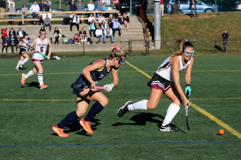 two girls playing a game of field hockey