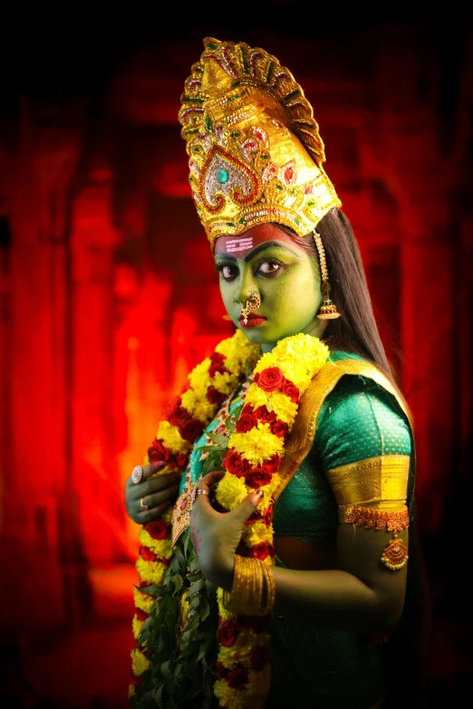 a woman wearing an elaborate costume posing