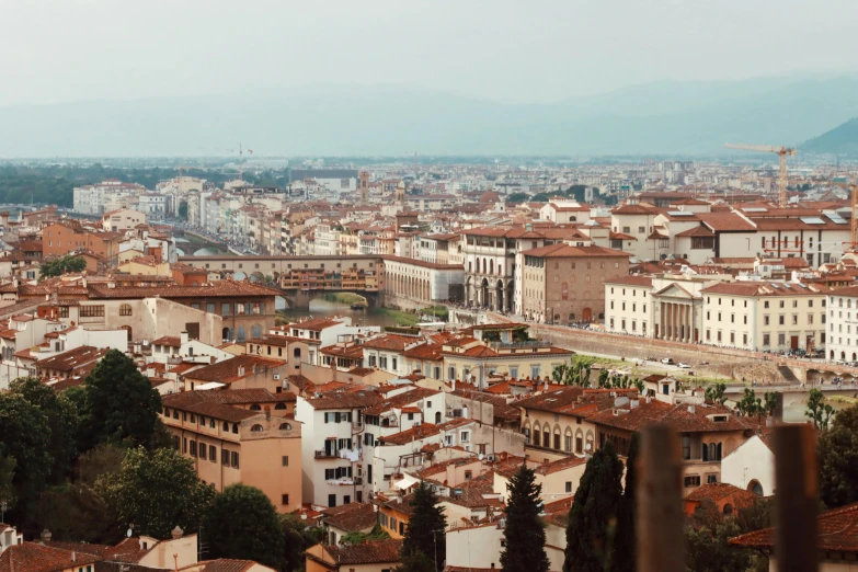 an aerial view of the roofs and chimneys of the city