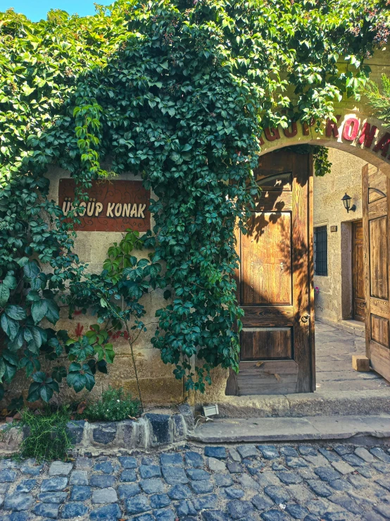 two doors covered by greenery and a sign that reads sup kon aki