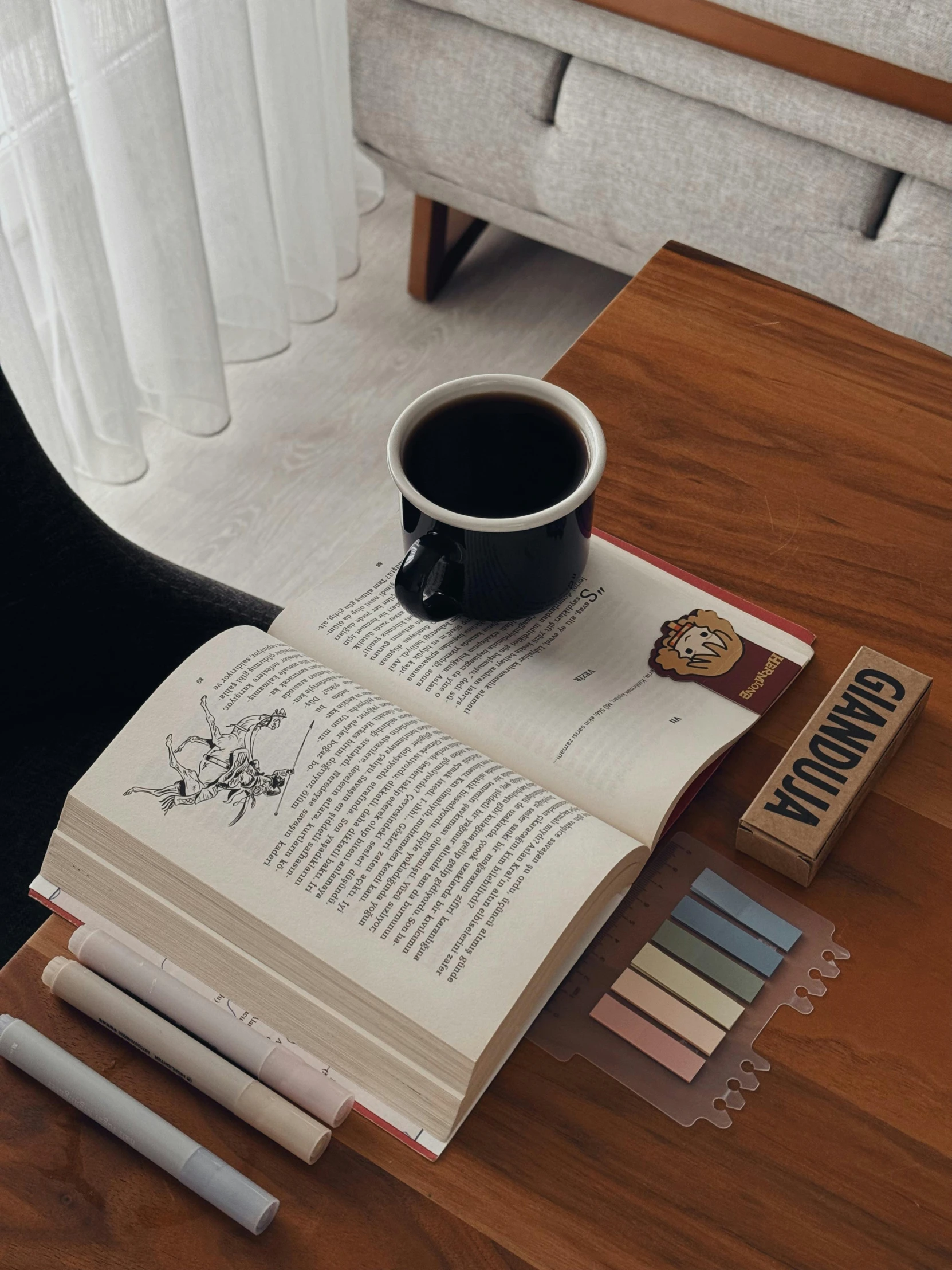 a coffee cup on top of an open book