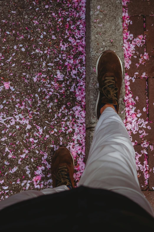 man wearing white shirt and brown sneakers standing next to flower petals