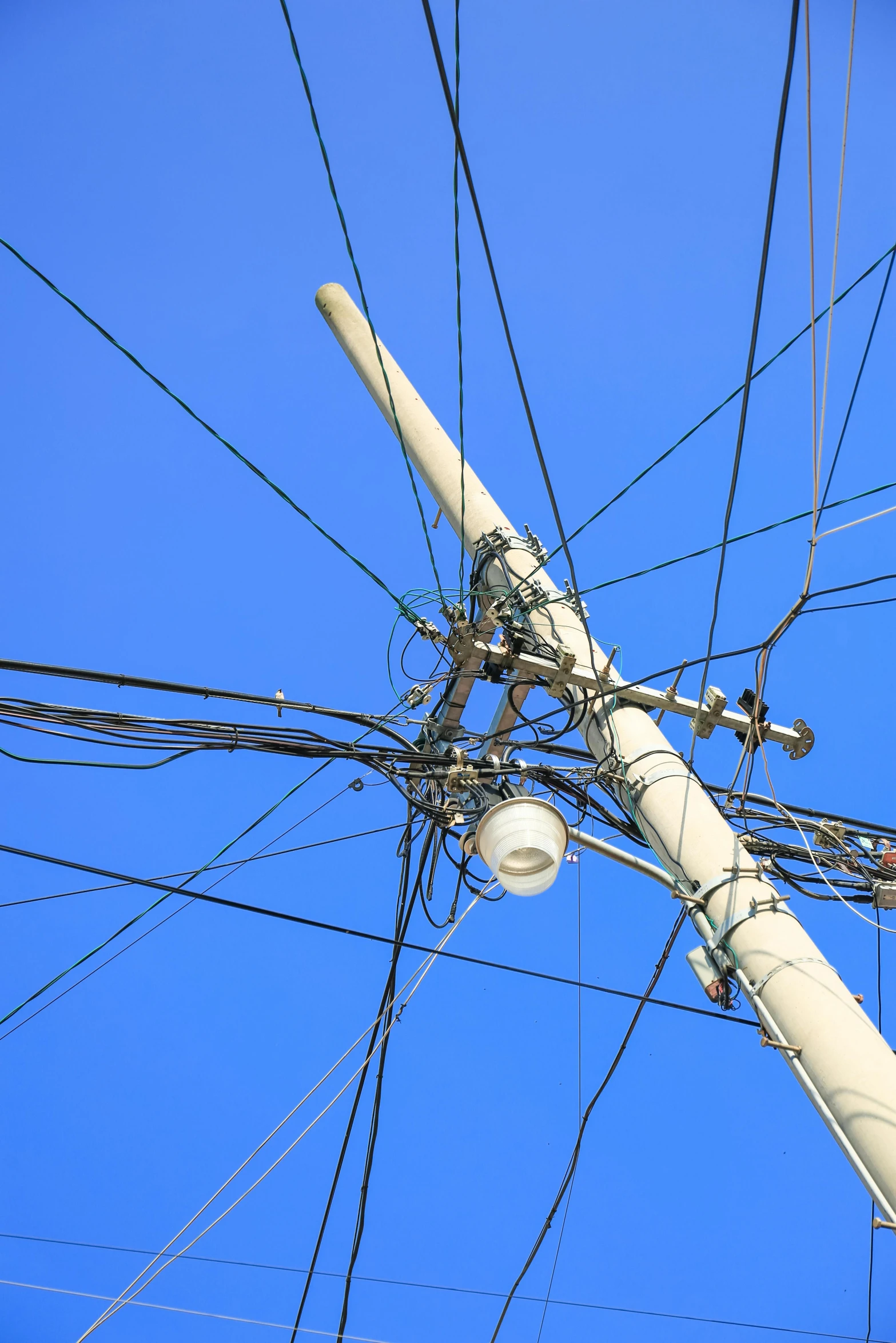 an overhead view of power lines and blue skies