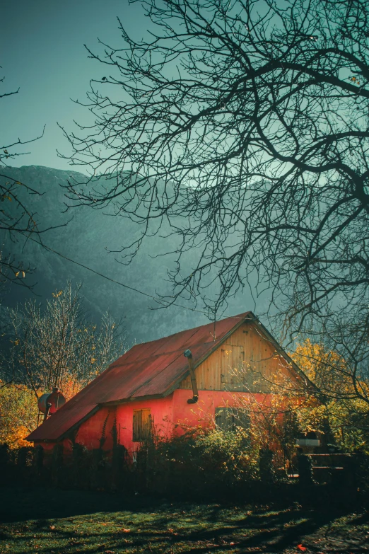 a red barn is sitting among the leaves