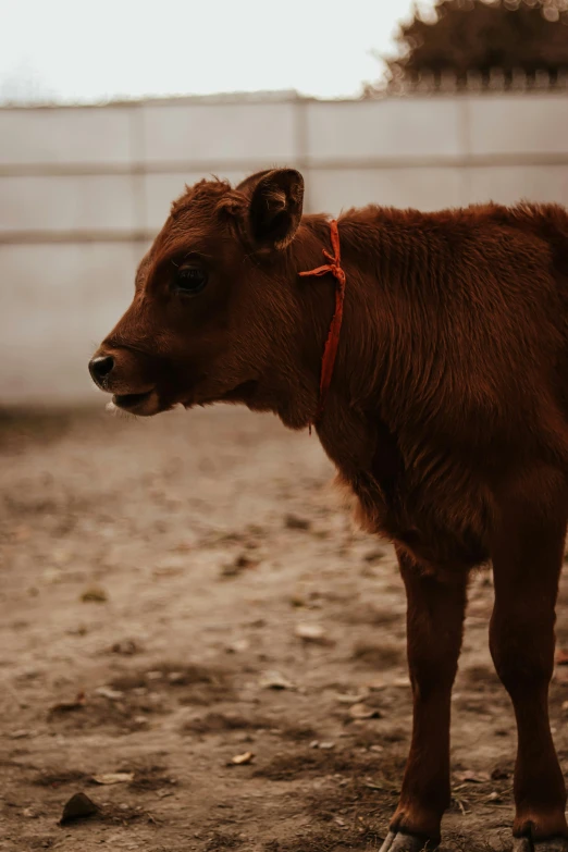 a little cow in a red halter standing in the dirt