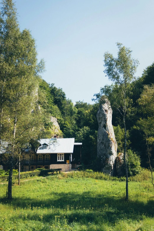 large rock in front of house surrounded by trees