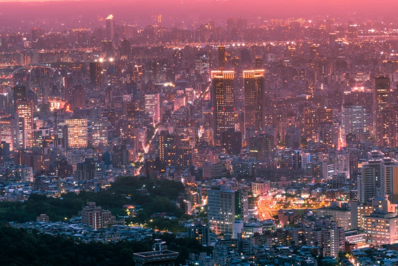 a city skyline in the middle of a hazy day