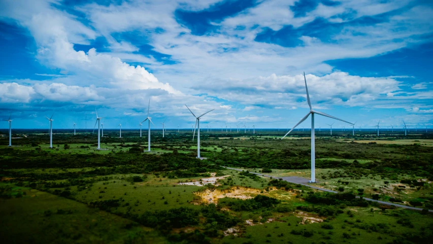 windmills are shown on the side of the road in a vast field