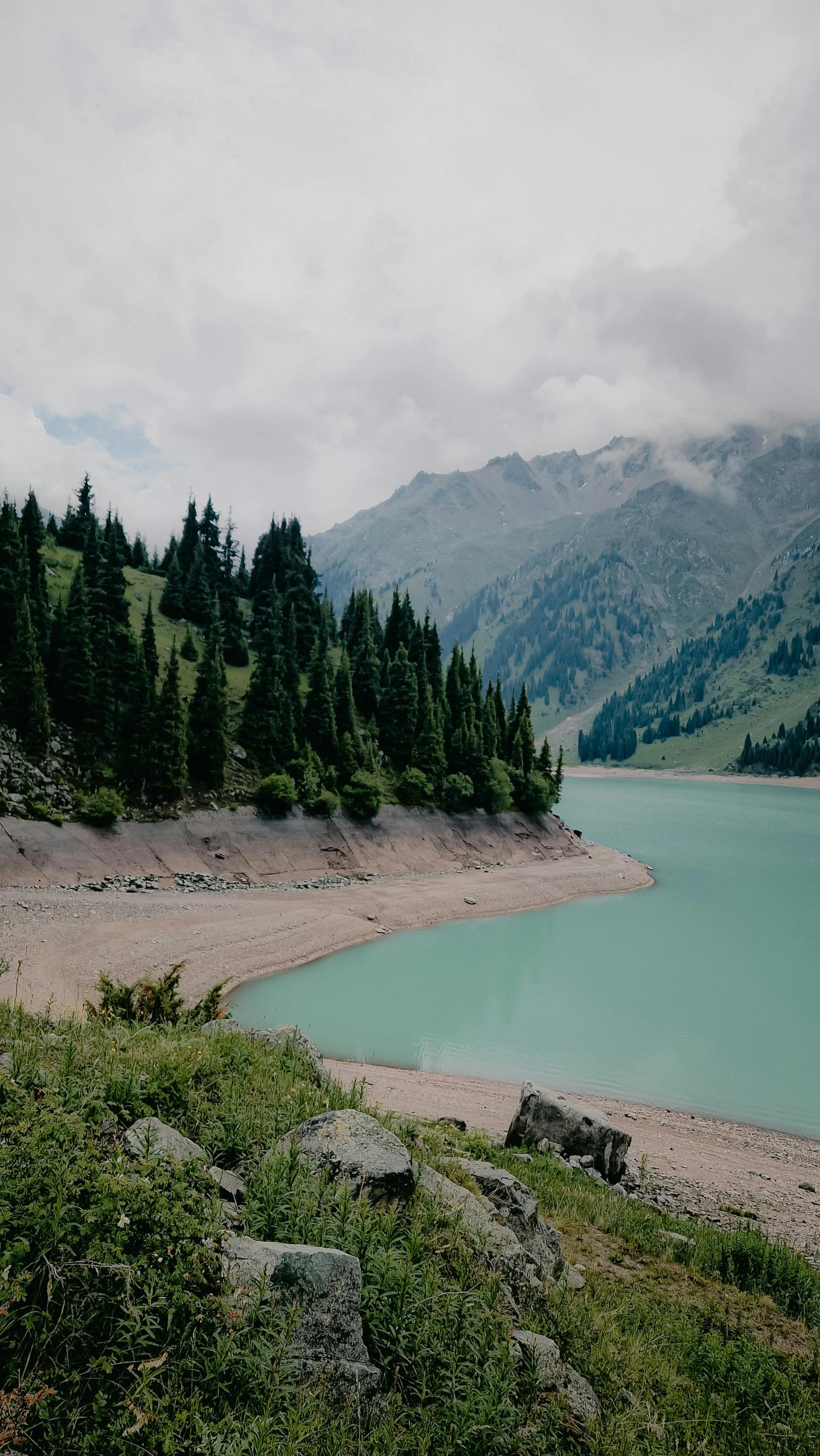 blue water is near some green trees and hills