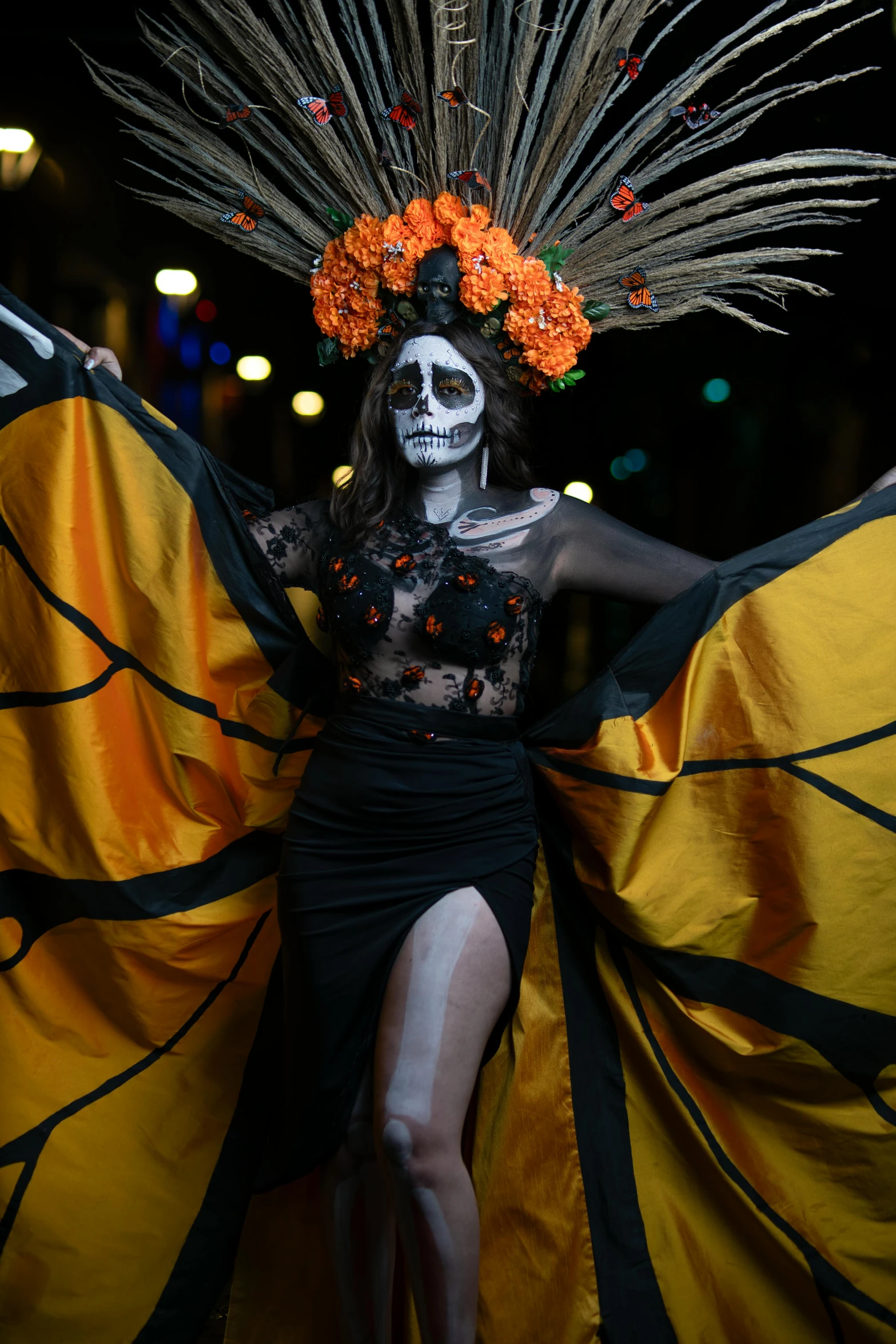 a woman dressed in costume with a dragon and flower