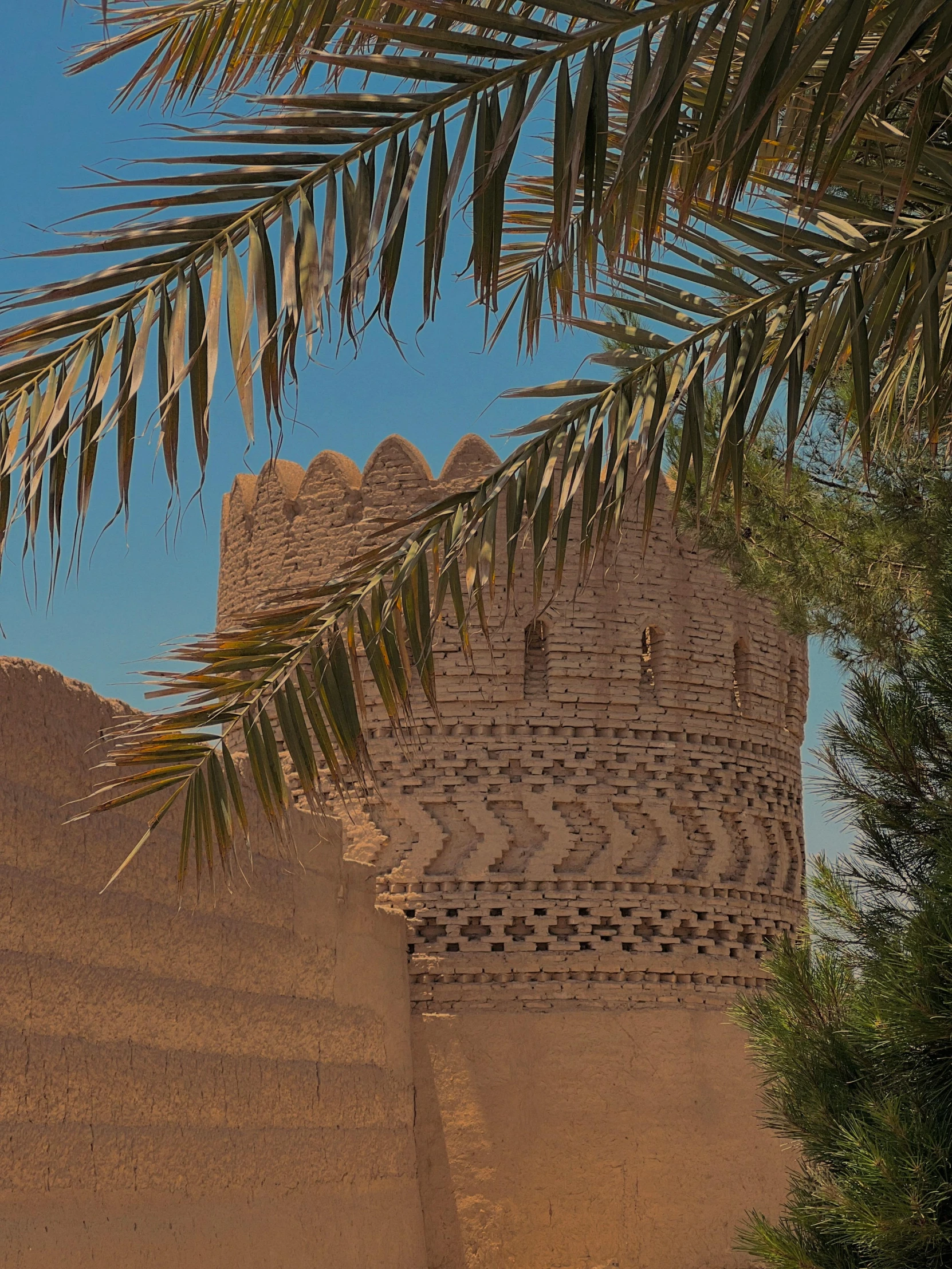 a large mud and stone building sitting next to a palm tree