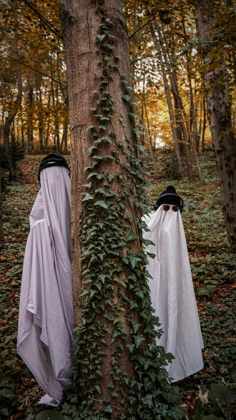 two ghostly people hidden in the leaves under a tree