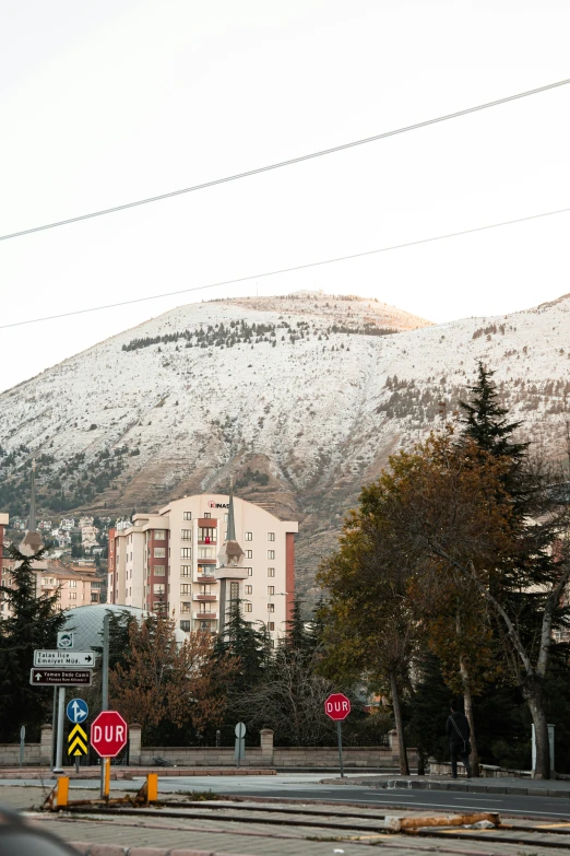 a stop sign sitting on top of a road under a snow covered mountain