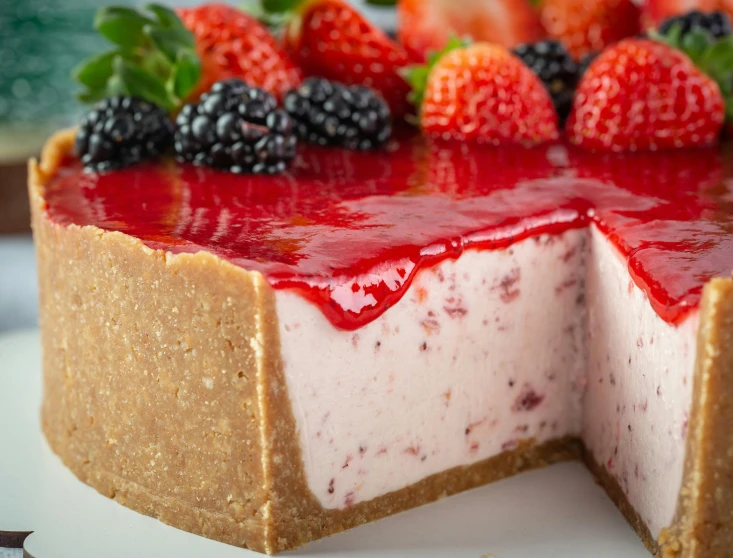 a fancy looking cheesecake with berries is on a plate