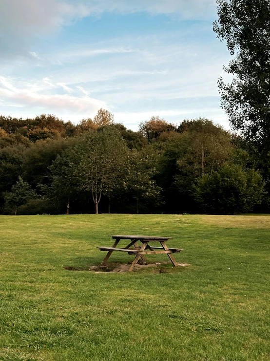 picnic tables out on the grass for two to enjoy