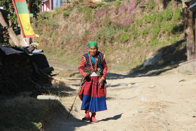 a person walking on a road with a stick and an object