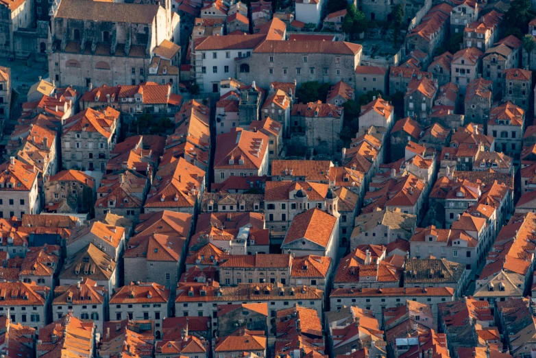 a bird - eye view of a city with rooftops and orange roofs