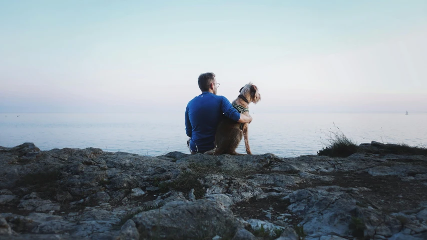 a couple sitting on rocks overlooking the water, and their dog looks at them