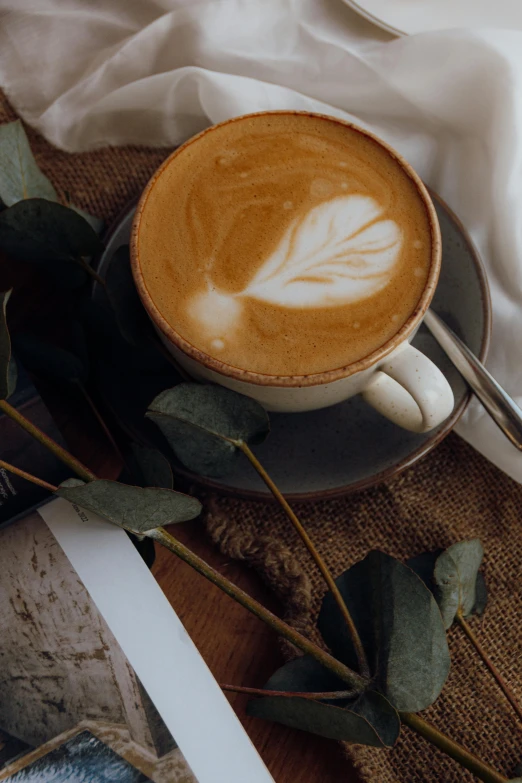 a cappuccino in a saucer with a small decoration on the side of it