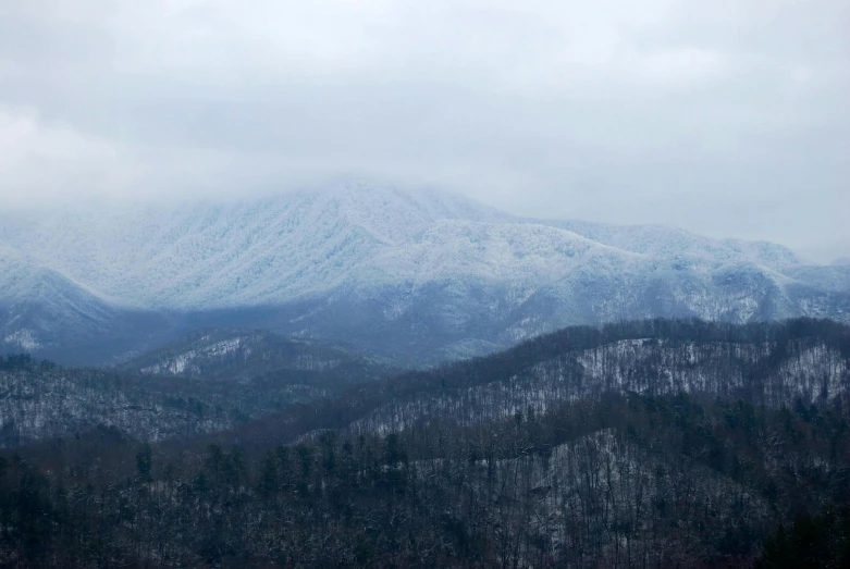 a hazy view of a mountainous forest covered in snow