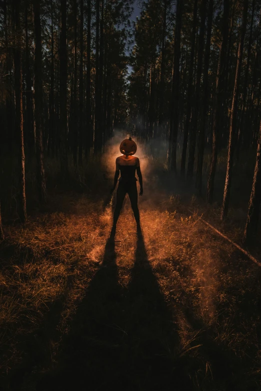 a woman stands in the dark in the woods