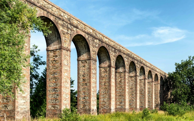 a train is crossing over a bridge and trees