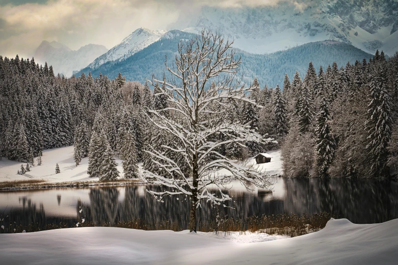 snow covered mountains and trees surround a lake