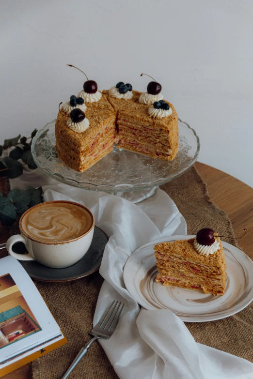 a piece of cake and a cup of coffee on a table