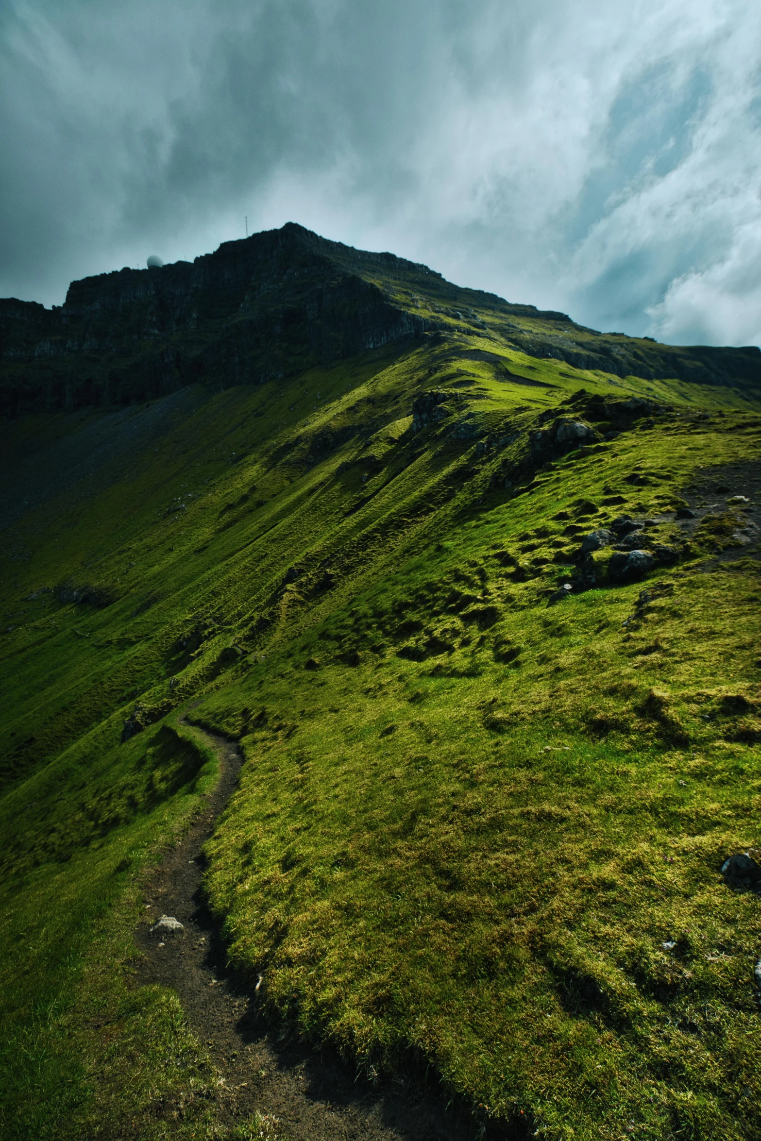 a lush green hillside with a lone trail uphill