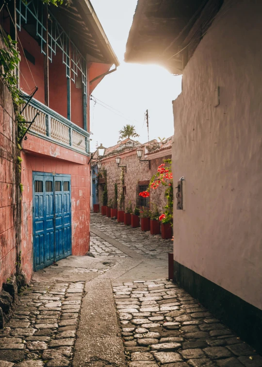 a cobblestone stone road is flanked by a tall red building