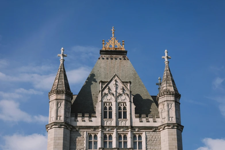 a view of the tops of a church with crosses