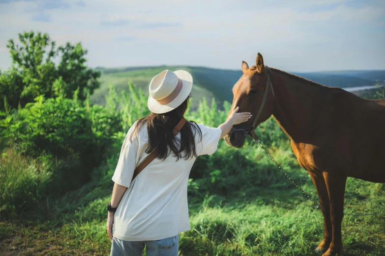 a woman standing next to a brown horse