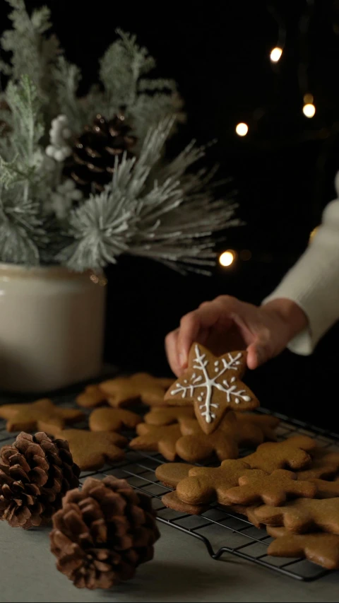 a hand is picking up a tiny snowflake shaped cookie from a pan