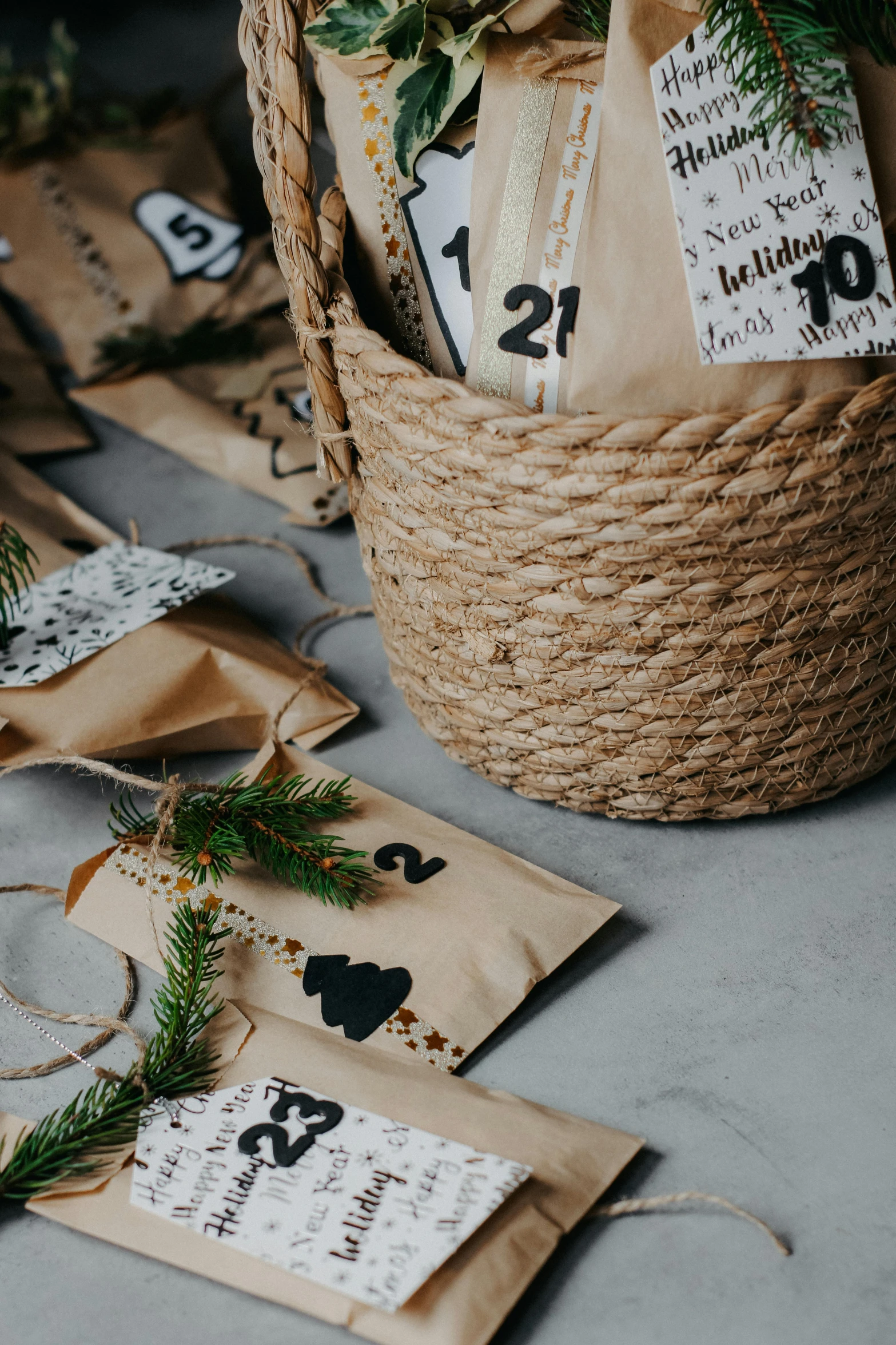 a collection of presents wrapped in brown paper