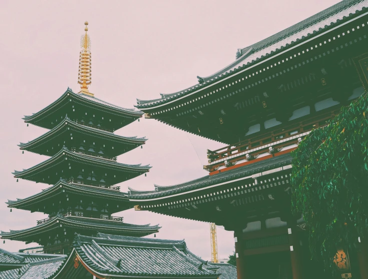 several tall pagodas in the background with green trees