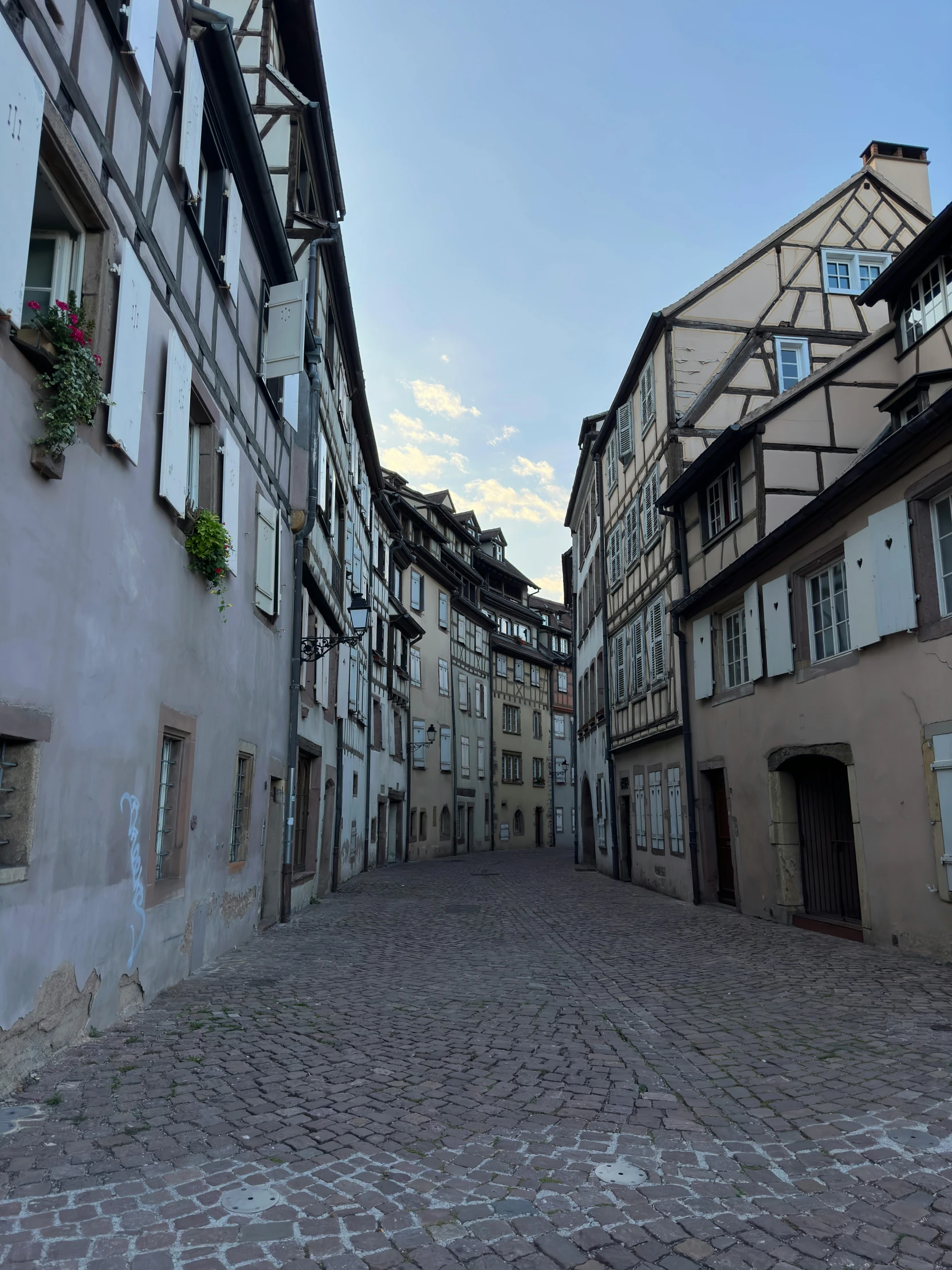 a cobblestone road running between several old buildings