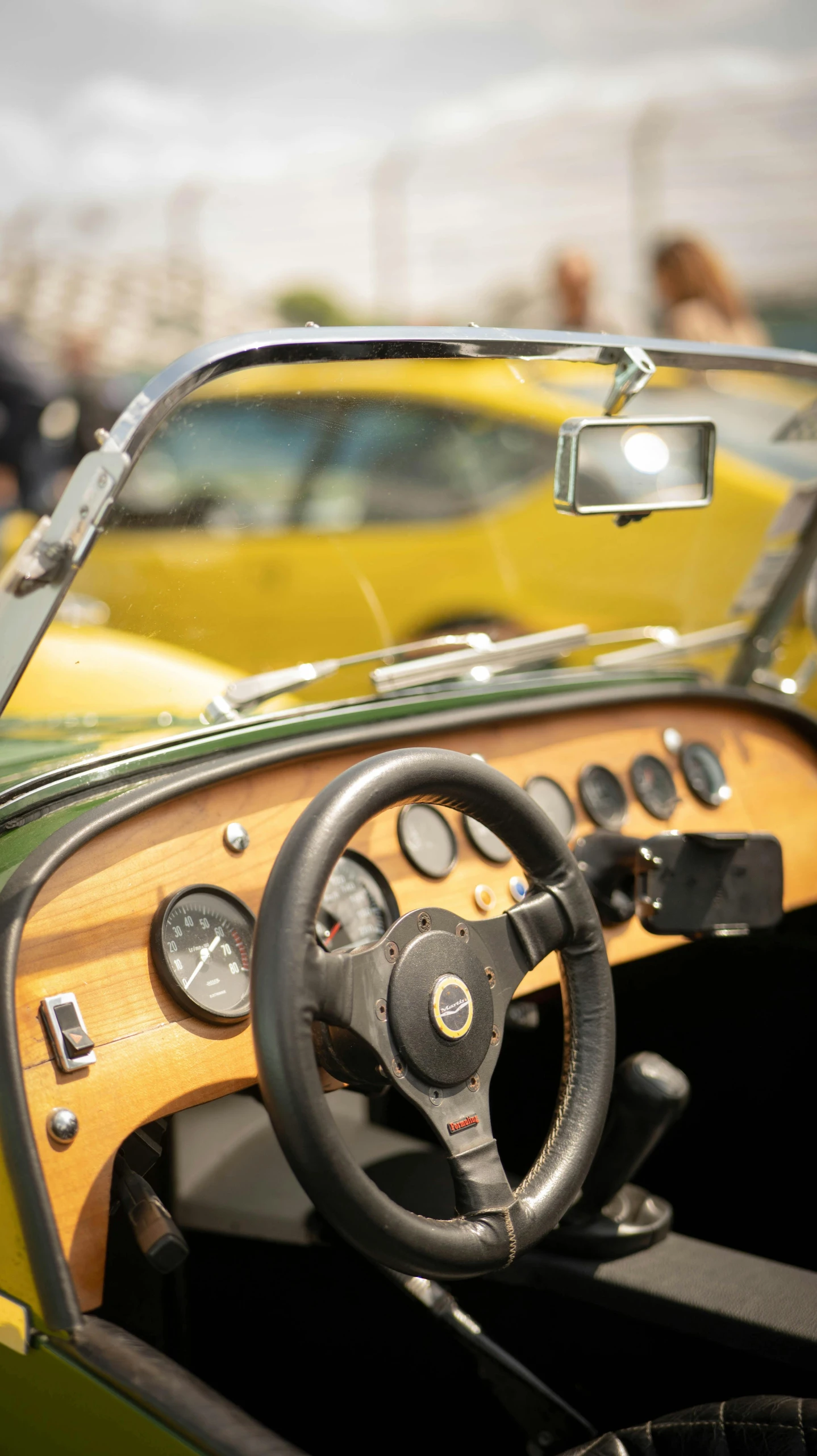 inside view of a sports car on display