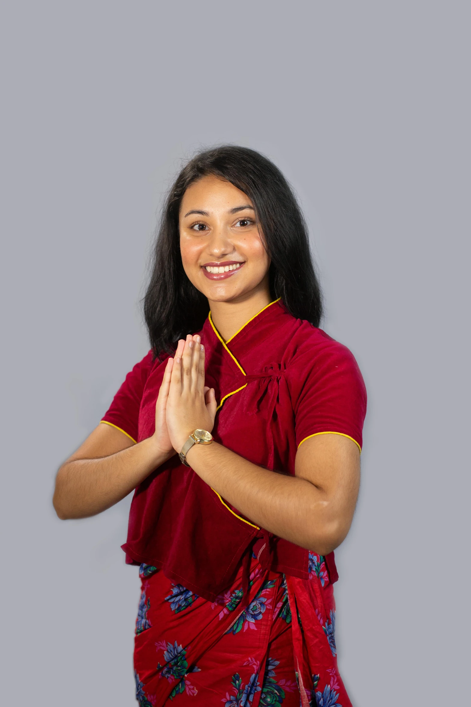 woman in red shirt with hand and gesture