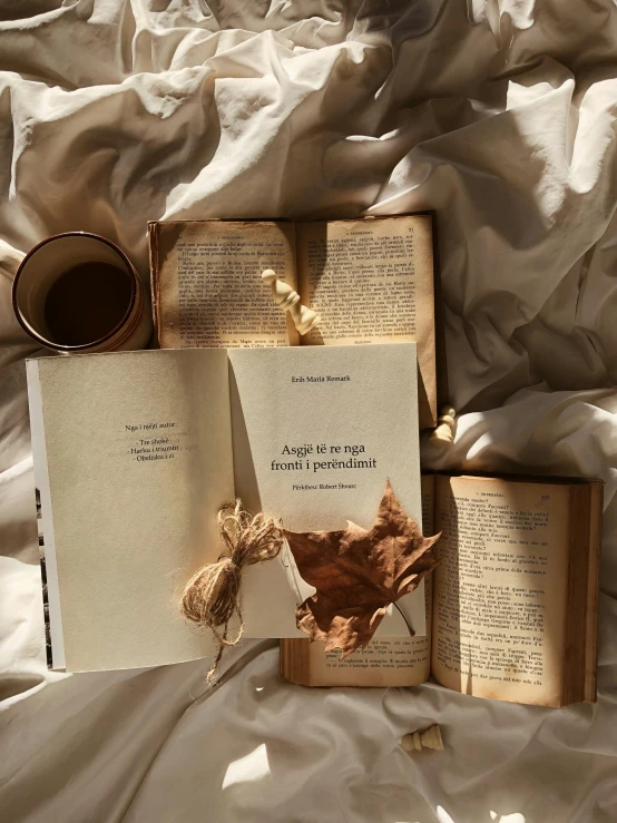 an open book and a mug are set on a bed