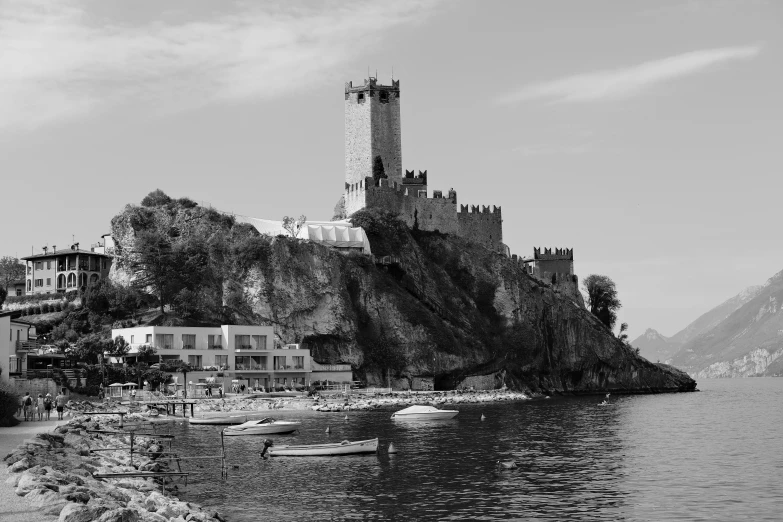 a black and white po of an island with some buildings