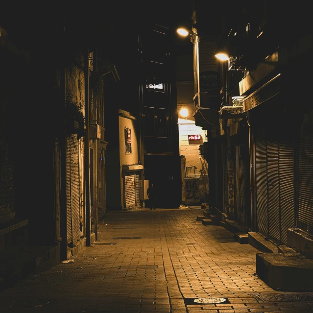 an empty alleyway at night on a brick sidewalk