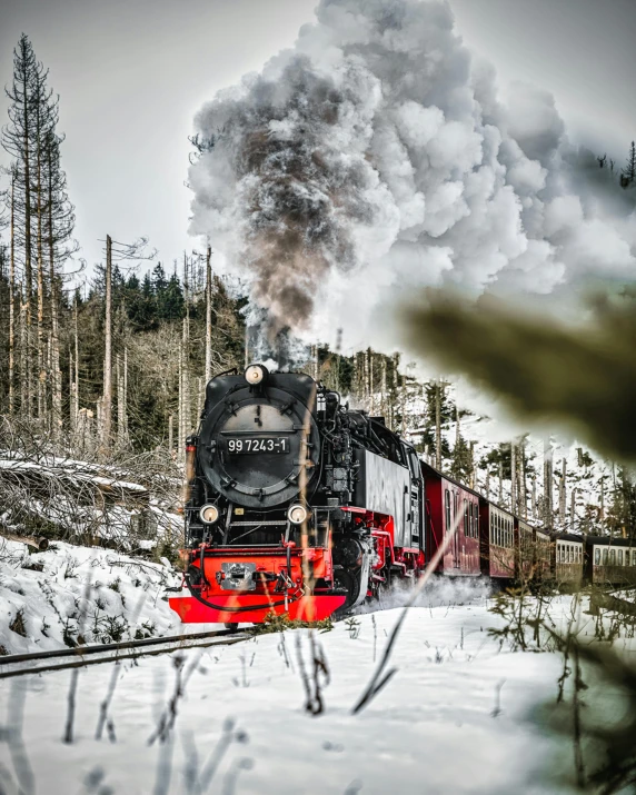 a steam engine traveling down tracks next to snow covered forest