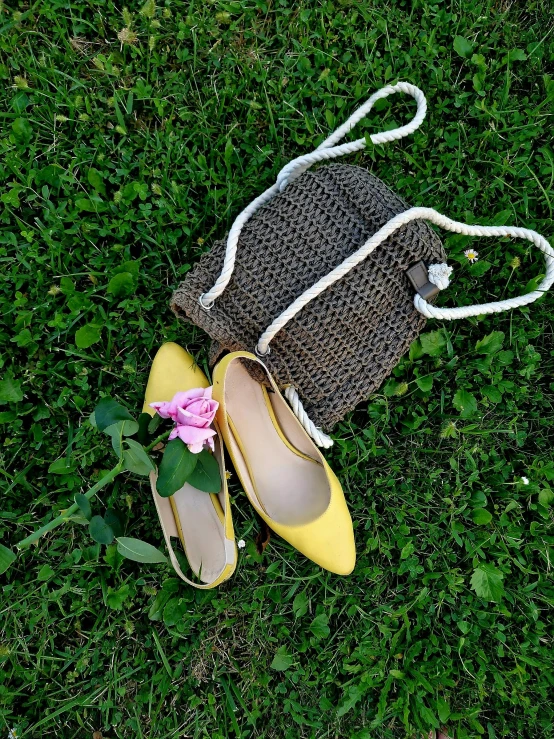 a flower in a bag is sitting on a pair of slippers