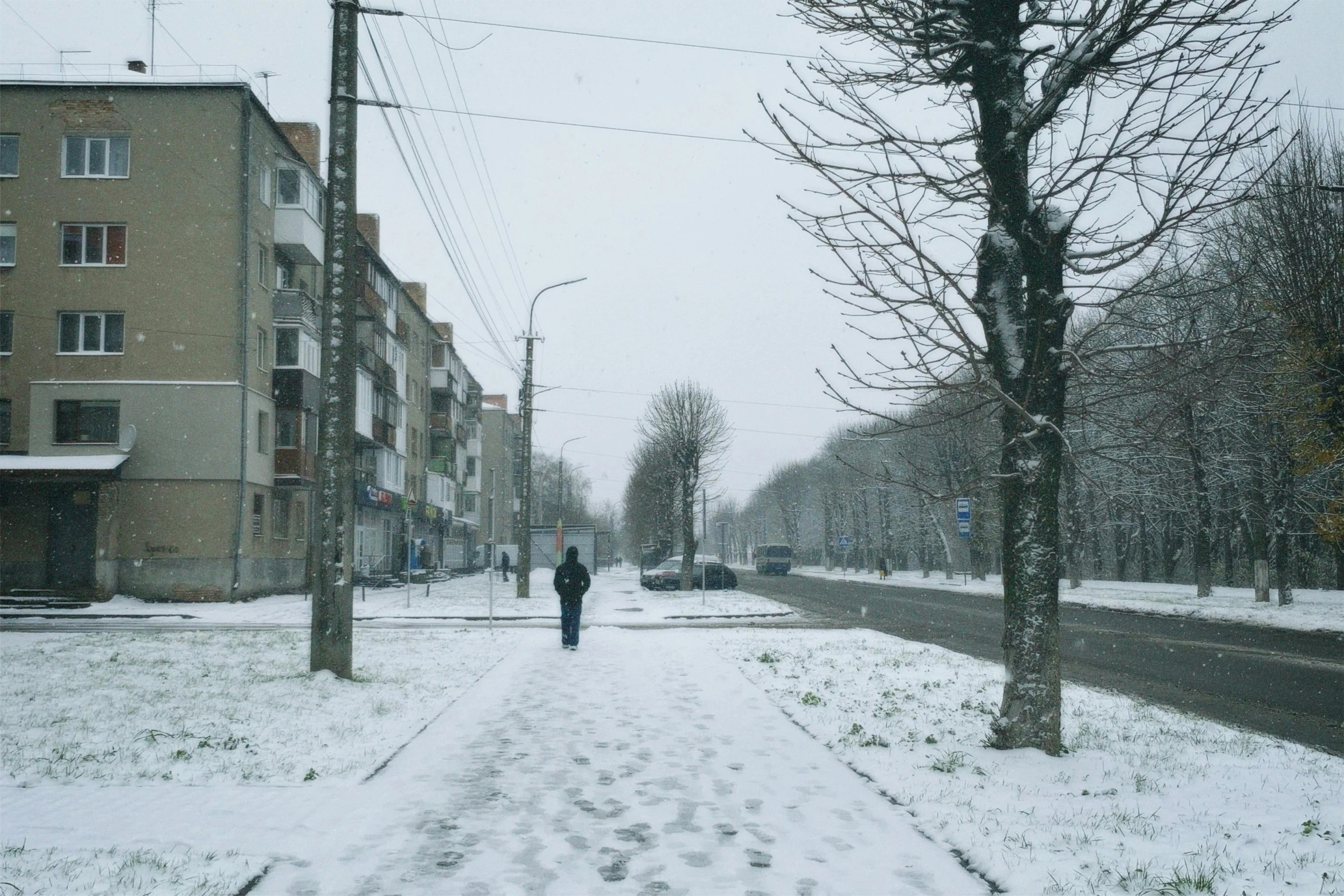 two people walking down a snow covered city street