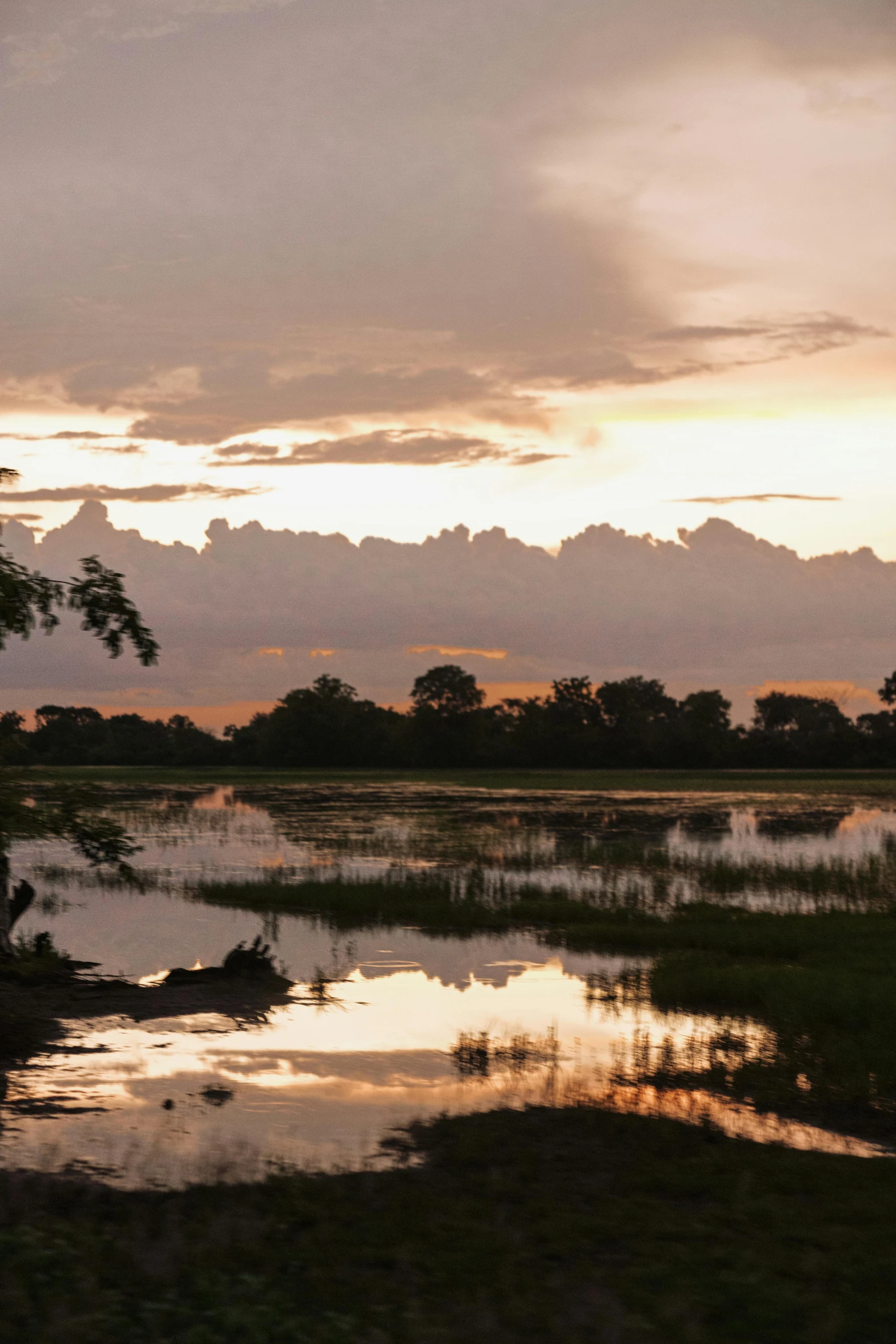 an open field with water in the middle and cloudy skies