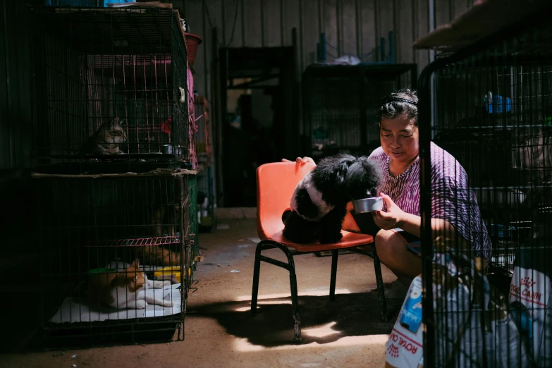 a woman and her dog sit on the ground next to cages of birds