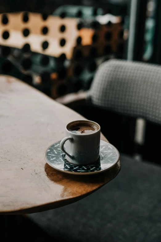 a wooden table holding a cup of coffee