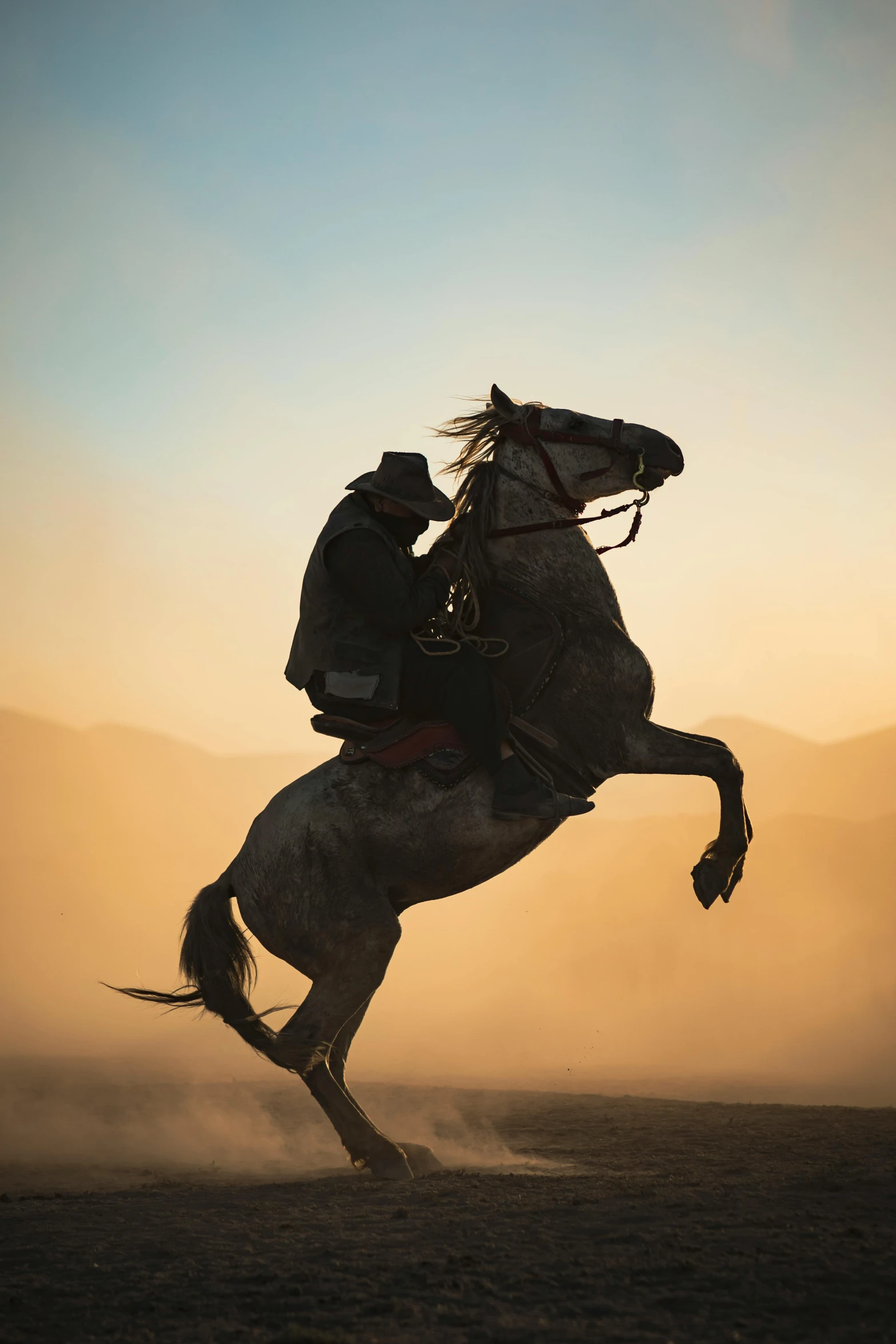 a man riding a horse in the sunset