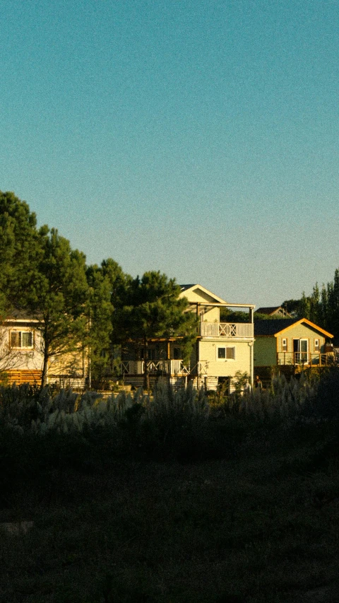 a view of houses in the distance from a field