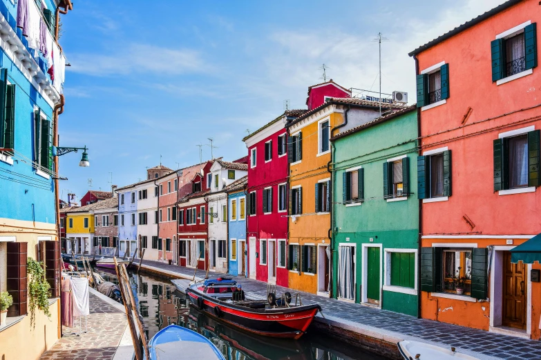 a long row of colorful houses along the river